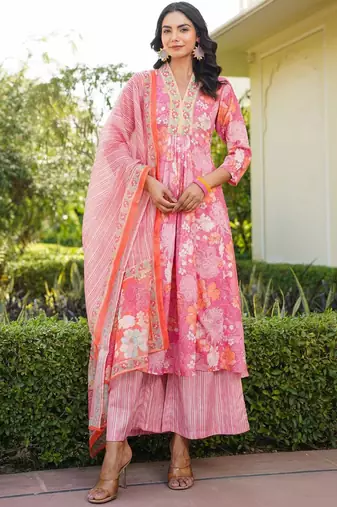 Women pink rayon blend floral printed a-line kurta palazzo with dupatta