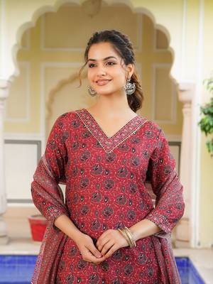 Women red rayon blend ethnic motifs printed straight kurta salwar with dupatta 1