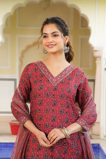 Women red rayon blend ethnic motifs printed straight kurta salwar with dupatta