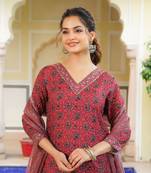 Women red rayon blend ethnic motifs printed straight kurta salwar with dupatta