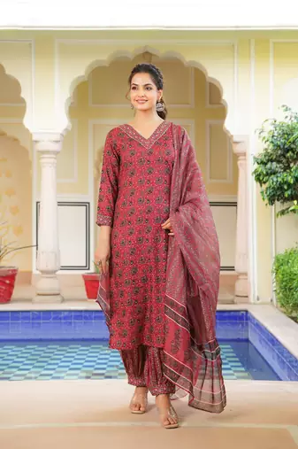 Women red rayon blend ethnic motifs printed straight kurta salwar with dupatta