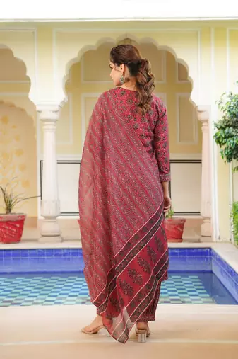 Women red rayon blend ethnic motifs printed straight kurta salwar with dupatta