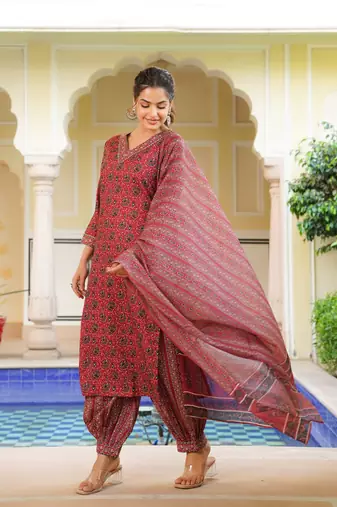 Women red rayon blend ethnic motifs printed straight kurta salwar with dupatta