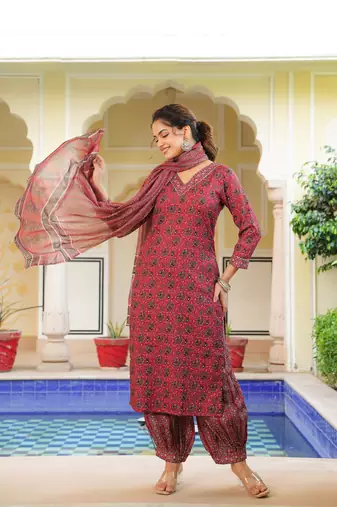 Women red rayon blend ethnic motifs printed straight kurta salwar with dupatta