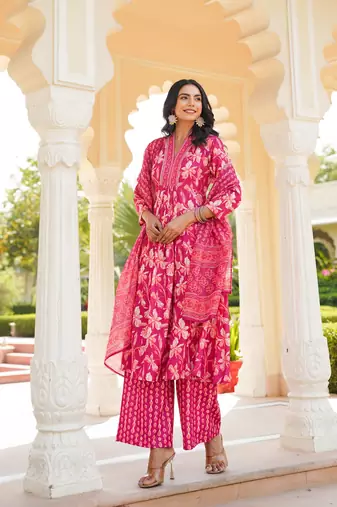 Women pink rayon blend floral printed a-line kurta palazzo with dupatta