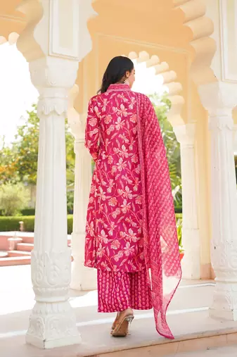 Women pink rayon blend floral printed a-line kurta palazzo with dupatta