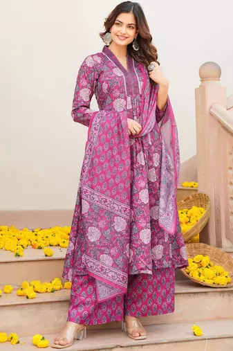 Women pink rayon blend floral printed a-line kurta palazzo with dupatta