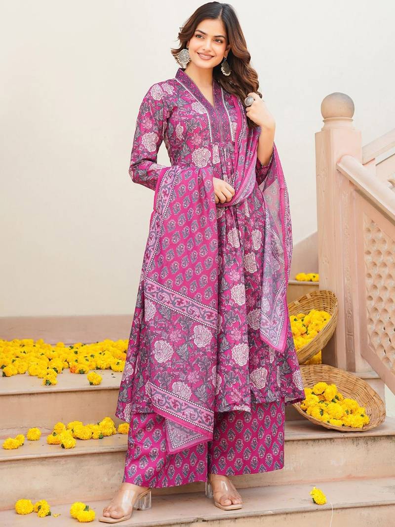 Women pink rayon blend floral printed a-line kurta palazzo with dupatta