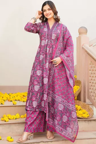 Women pink rayon blend floral printed a-line kurta palazzo with dupatta