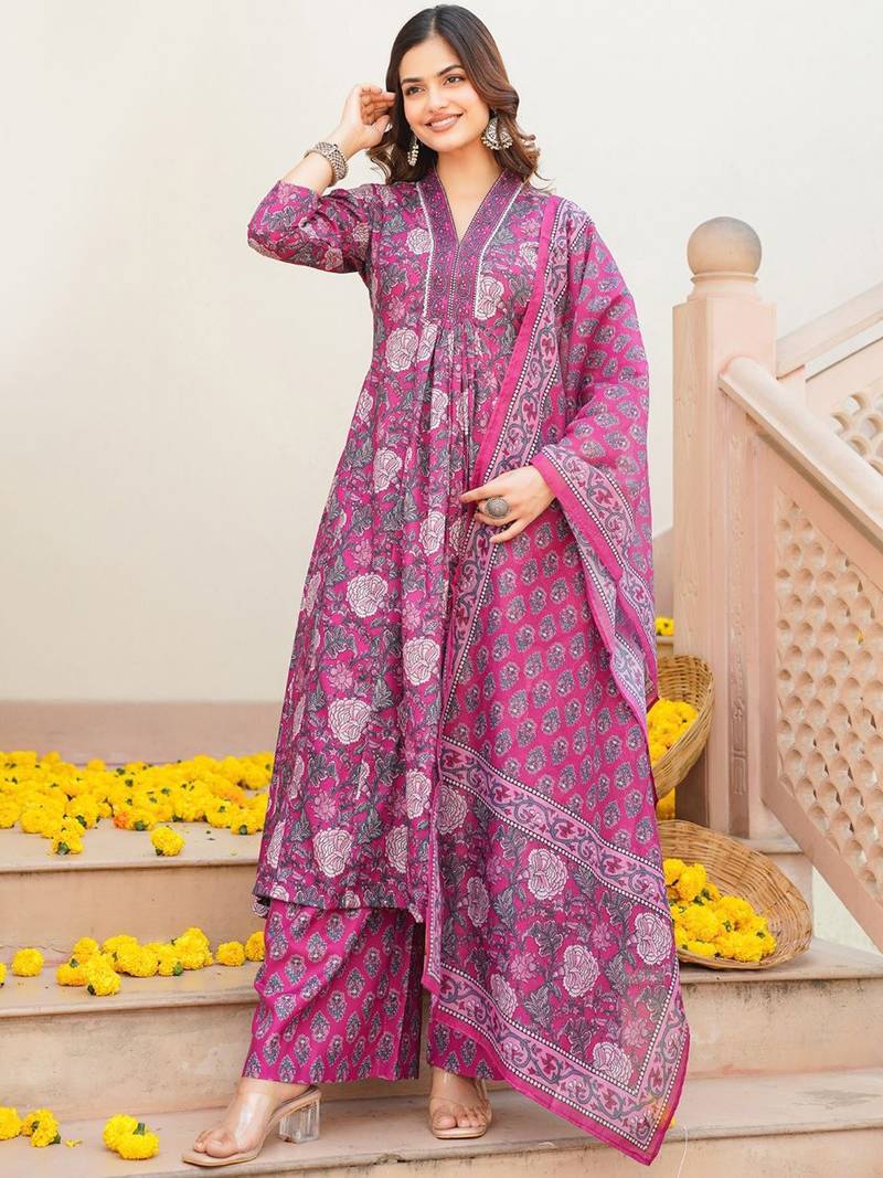 Women pink rayon blend floral printed a-line kurta palazzo with dupatta