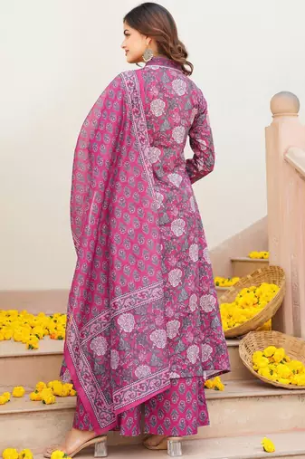 Women pink rayon blend floral printed a-line kurta palazzo with dupatta