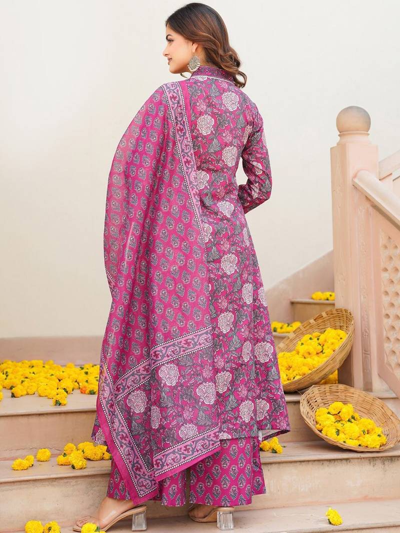 Women pink rayon blend floral printed a-line kurta palazzo with dupatta