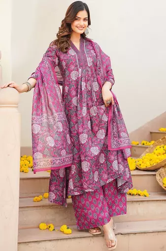 Women pink rayon blend floral printed a-line kurta palazzo with dupatta