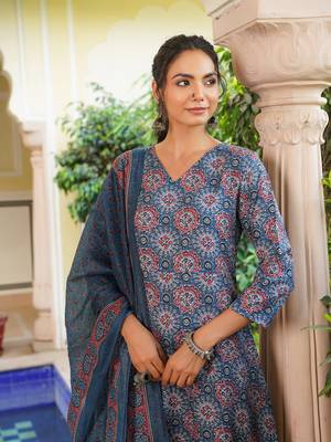Women blue rayon blend ajrakh printed a-line kurta palazzo with dupatta 1