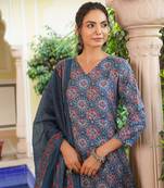Women blue rayon blend ajrakh printed a-line kurta palazzo with dupatta