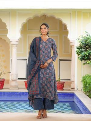 Women blue rayon blend ajrakh printed a-line kurta palazzo with dupatta 2
