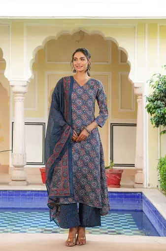 Women blue rayon blend ajrakh printed a-line kurta palazzo with dupatta