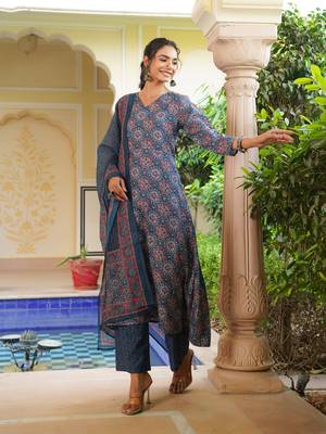 Women blue rayon blend ajrakh printed a-line kurta palazzo with dupatta 3