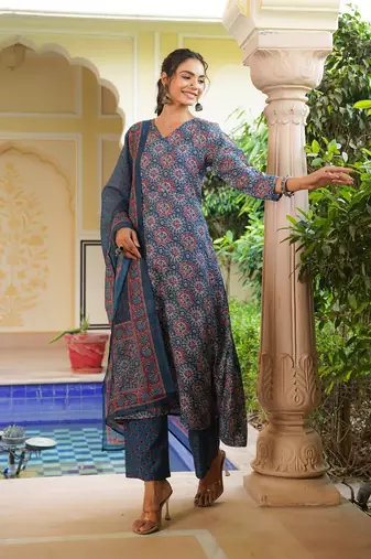 Women blue rayon blend ajrakh printed a-line kurta palazzo with dupatta
