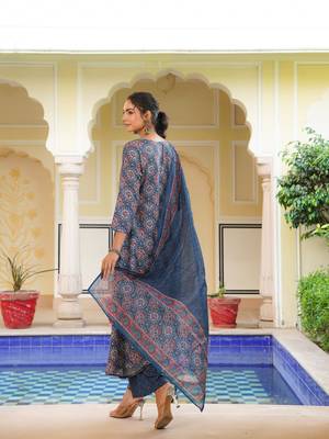 Women blue rayon blend ajrakh printed a-line kurta palazzo with dupatta 4