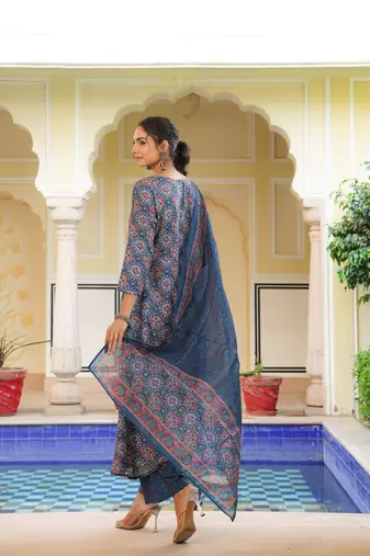 Women blue rayon blend ajrakh printed a-line kurta palazzo with dupatta