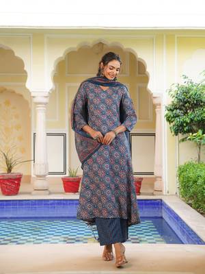 Women blue rayon blend ajrakh printed a-line kurta palazzo with dupatta 5