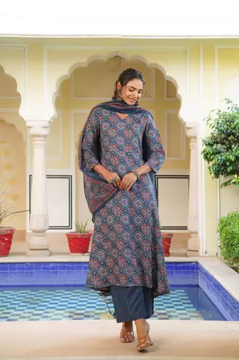 Women blue rayon blend ajrakh printed a-line kurta palazzo with dupatta