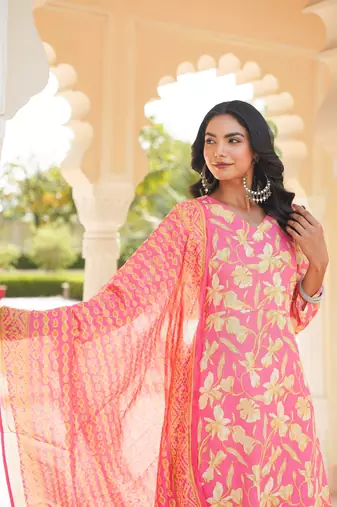 Women pink rayon blend floral printed a-line kurta palazzo with dupatta