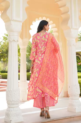 Women pink rayon blend floral printed a-line kurta palazzo with dupatta