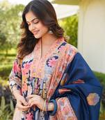 Women navy blue rayon blend floral printed a-line kurta palazzo with dupatta