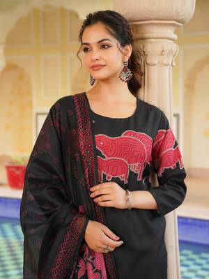 Women black rayon blend ethnic motifs printed straight kurta trouser with dupatta 1