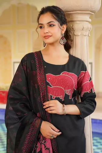 Women black rayon blend ethnic motifs printed straight kurta trouser with dupatta