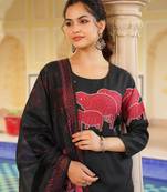 Women black rayon blend ethnic motifs printed straight kurta trouser with dupatta