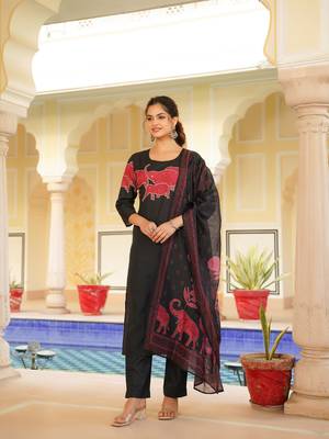 Women black rayon blend ethnic motifs printed straight kurta trouser with dupatta 2