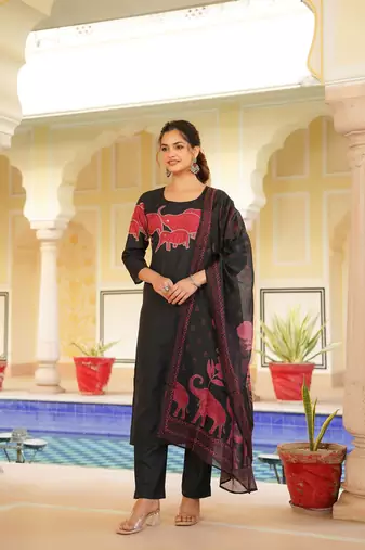 Women black rayon blend ethnic motifs printed straight kurta trouser with dupatta