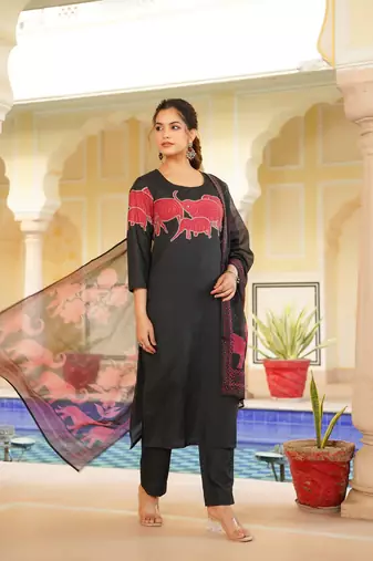 Women black rayon blend ethnic motifs printed straight kurta trouser with dupatta