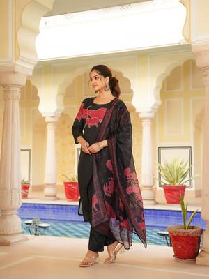 Women black rayon blend ethnic motifs printed straight kurta trouser with dupatta 4