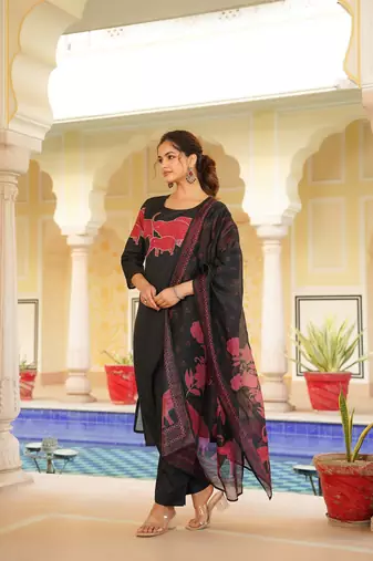 Women black rayon blend ethnic motifs printed straight kurta trouser with dupatta