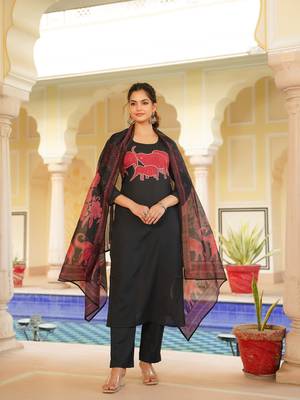 Women black rayon blend ethnic motifs printed straight kurta trouser with dupatta 5