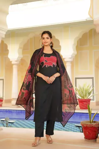 Women black rayon blend ethnic motifs printed straight kurta trouser with dupatta