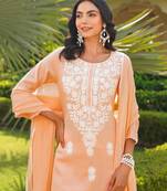 Women peach viscose solid embroidered straight kurta palazzo with dupatta