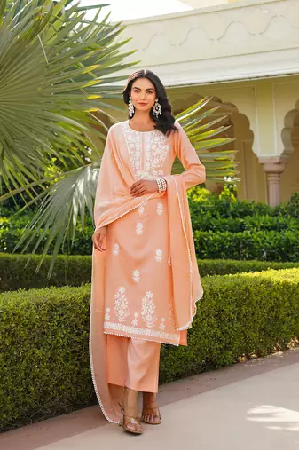 Women peach viscose solid embroidered straight kurta palazzo with dupatta