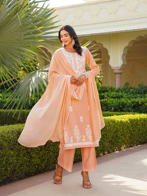 Women peach viscose solid embroidered straight kurta palazzo with dupatta 3