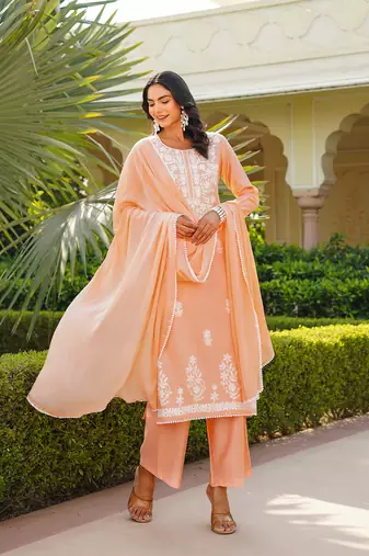 Women peach viscose solid embroidered straight kurta palazzo with dupatta
