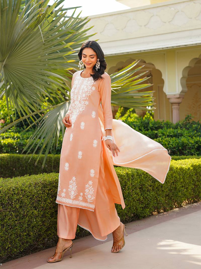 Women peach viscose solid embroidered straight kurta palazzo with dupatta