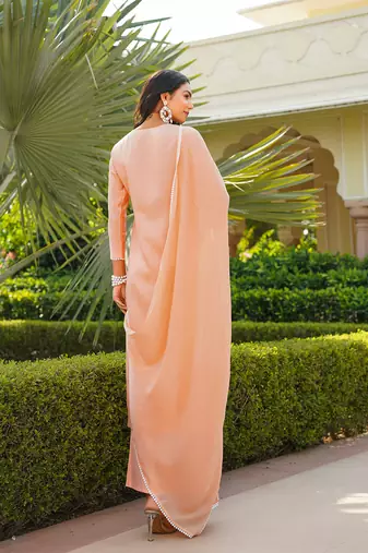 Women peach viscose solid embroidered straight kurta palazzo with dupatta