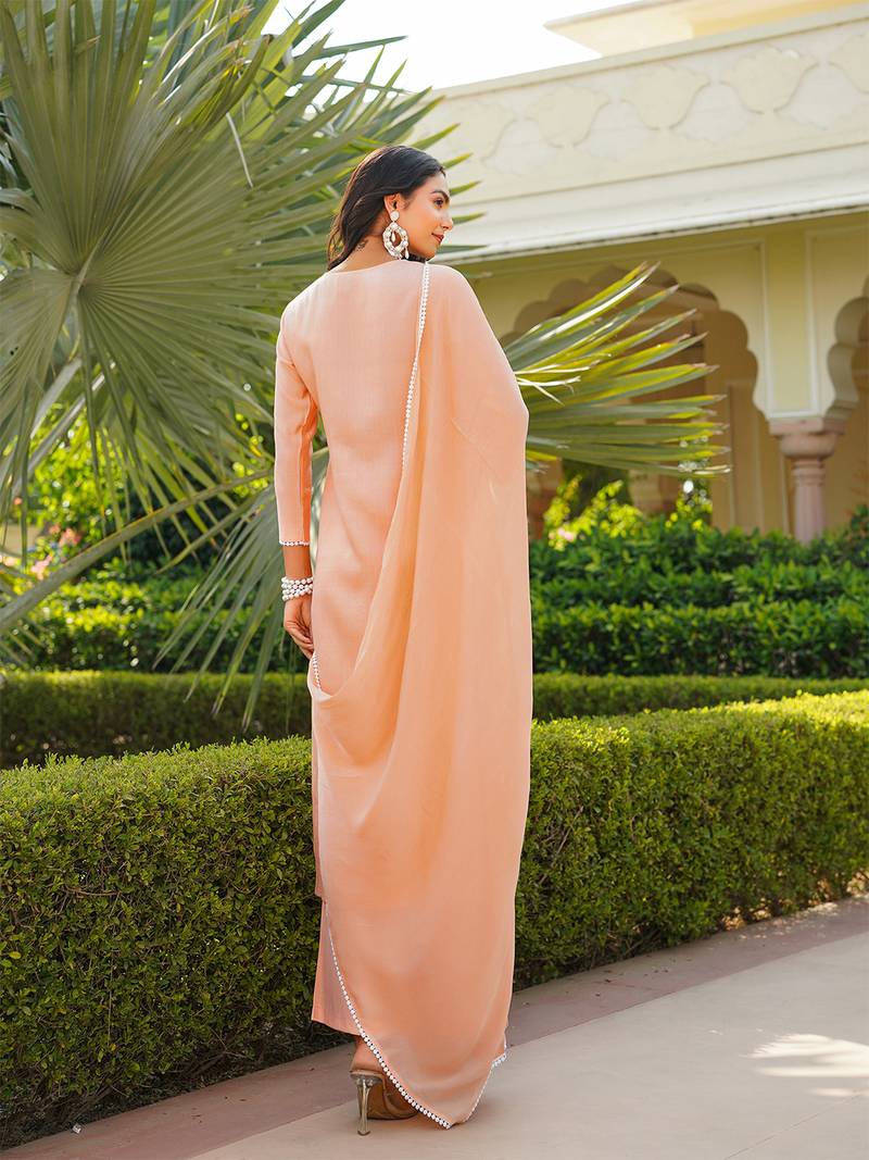 Women peach viscose solid embroidered straight kurta palazzo with dupatta