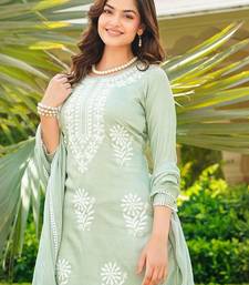 Women green viscose solid embroidered straight kurta palazzo with dupatta