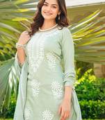 Women green viscose solid embroidered straight kurta palazzo with dupatta