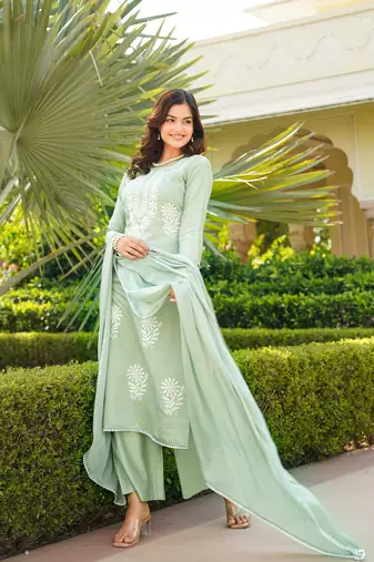 Women green viscose solid embroidered straight kurta palazzo with dupatta